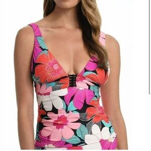 La Blanca Knot-Trim Tankini Swim Top Floral Print NWT Womens Size 10 G25029